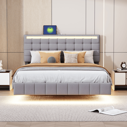 Cama para adultos 140x200 cm - cama flutuante com LED e 2 portas USB + estrado - tecido de linho - Cinzento