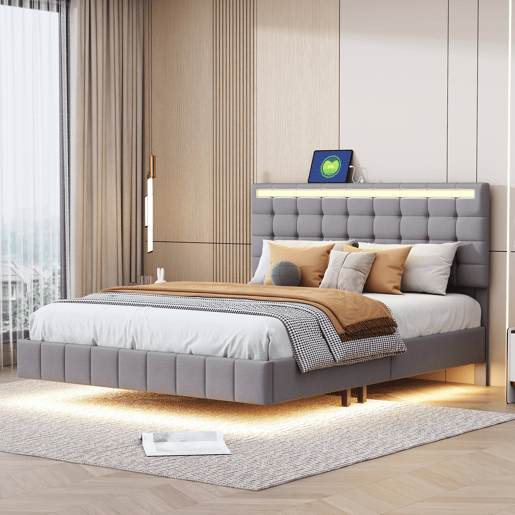 Cama para adultos 140x200 cm - cama flutuante com LED e 2 portas USB + estrado - tecido de linho - Cinzento
