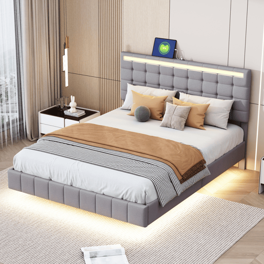 Cama para adultos 140x200 cm - cama flutuante com LED e 2 portas USB + estrado - tecido de linho - Cinzento