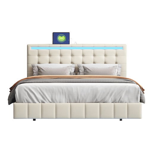Cama para adultos 140x200 cm - cama flutuante com LED e 2 portas USB + estrado - tecido de linho - Cinzento