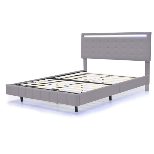 Cama para adultos 140x200 cm - cama flutuante com LED e 2 portas USB + estrado - tecido de linho - Cinzento