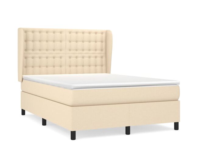 Cama box spring con colchón tela color crema 140x190 cm botones