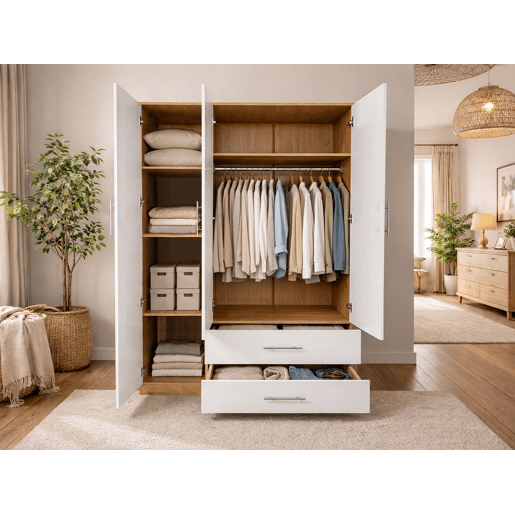 Roupeiro Milan (Branco, Carvalho Claro)(3 Portas de Abrir, 2 Gavetas) Roupeiro Milan (Branco, Carvalho Claro)(3 Portas de Abrir, 2 Gavetas)