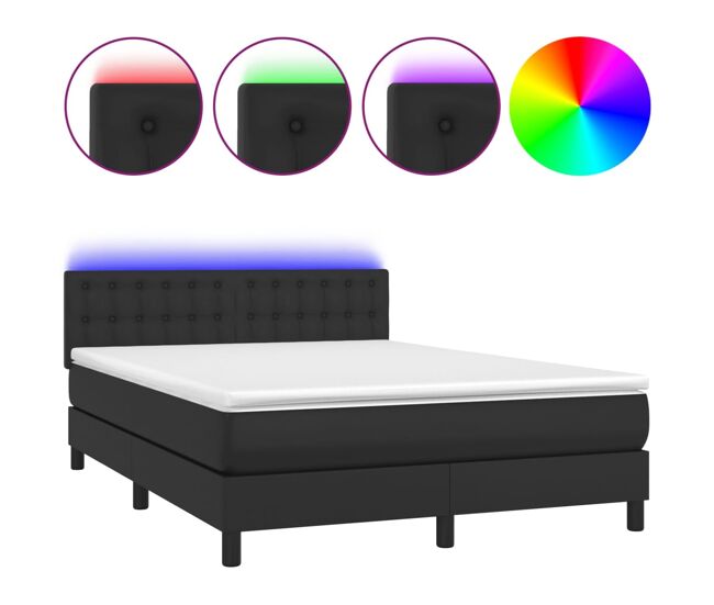 Cama box spring colchón y led cuero sintético negro 140x200 cm botones
