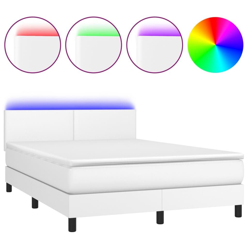 Cama box spring colchón y led cuero sintético blanco 140x190 cm diseño plano