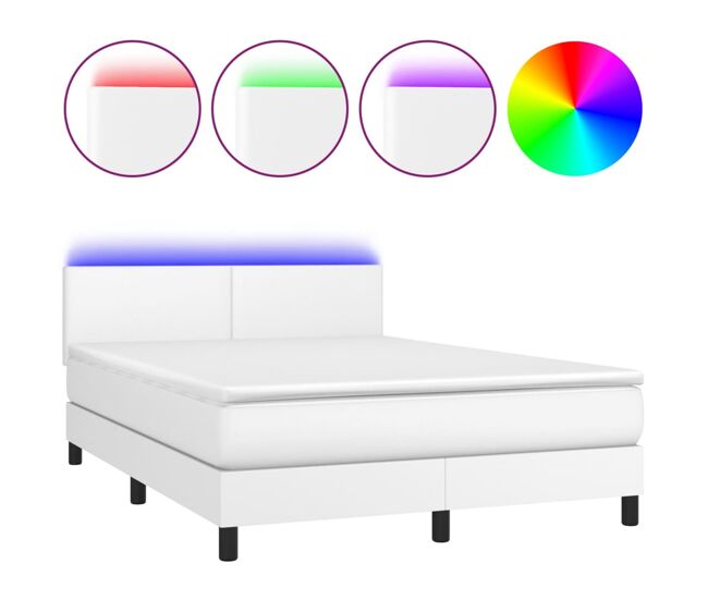 Cama box spring colchón y led cuero sintético blanco 140x190 cm diseño plano
