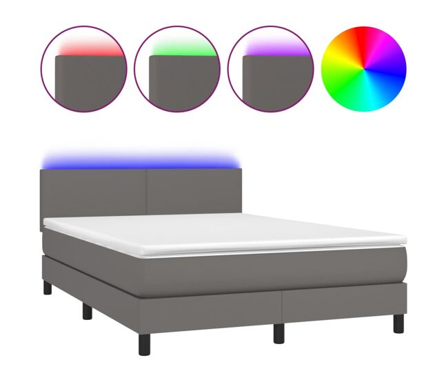 Cama box spring colchón y led cuero sintético gris 140x190 cm diseño plano