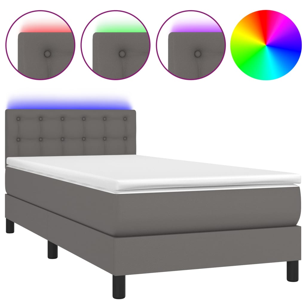 Cama box spring colchón y led cuero sintético gris 100x200 cm botones