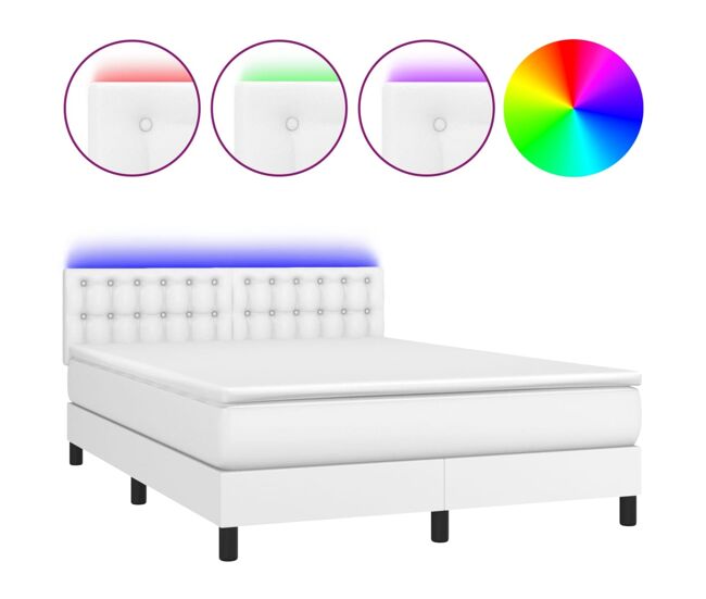 Cama box spring colchón y led cuero sintético blanco 140x200 cm botones