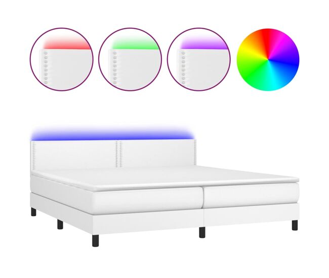 Cama box spring colchón y led cuero sintético blanco 200x200 cm liso con clavos
