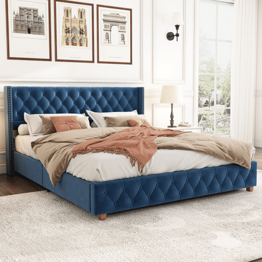 Cama de adulto estofada em veludo - 160x200 cm - com estrado de molas - Azul