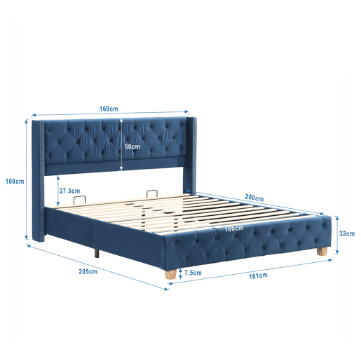 Cama de adulto estofada em veludo - 160x200 cm - com estrado de molas - Azul