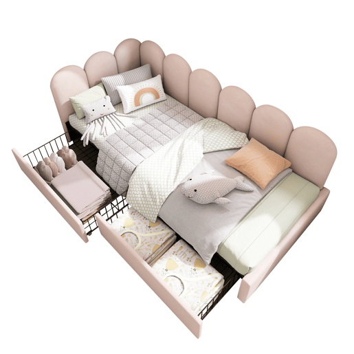 Sofá-cama com 2 gavetas - tecido aveludado - 90x190 cm - com estrado de molas - Rosa