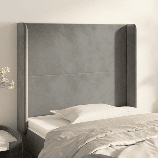 vidaXL Cabeceira cama c abas veludo 103x16x118128 cm cinzento-claro