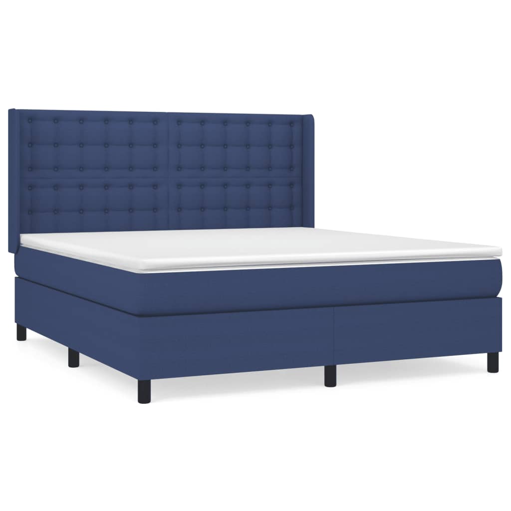 Cama box spring con colchón tela azul 160x200 cm botones