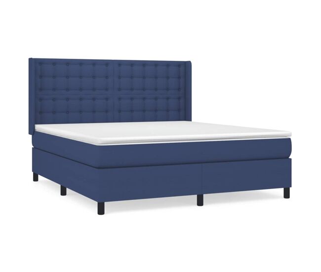 Cama box spring con colchón tela azul 160x200 cm botones