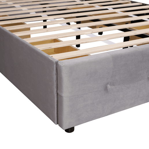 Cama de casal estofada em veludo - 140x200cm - com 4 gavetas e estrado de molas - Cinzento