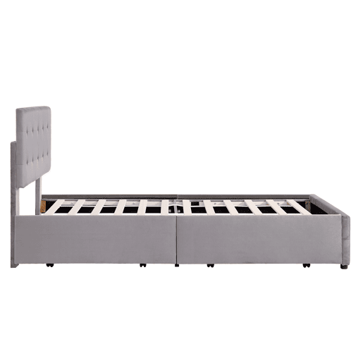 Cama de casal estofada em veludo - 140x200cm - com 4 gavetas e estrado de molas - Cinzento