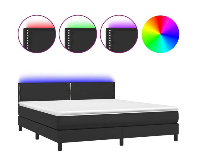 Cama box spring colchón y led cuero sintético negro 180x200 cm liso con clavos