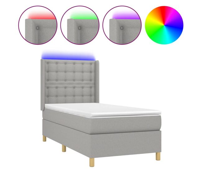 Cama box spring colchón y luces led tela gris claro 90x200 cm botones