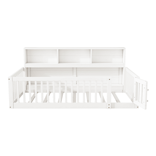 Cama de madeira 90x200 cm - com cabeceira com arrumação e mola de caixa - Branco