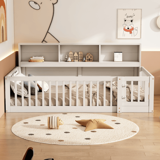 Cama de madeira 90x200 cm - com cabeceira com arrumação e mola de caixa - Branco