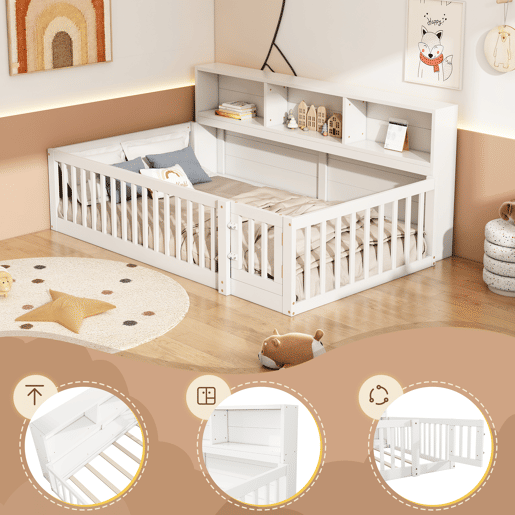 Cama de madeira 90x200 cm - com cabeceira com arrumação e mola de caixa - Branco