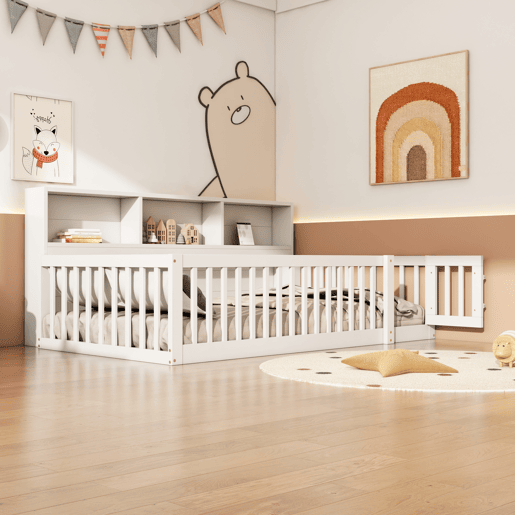 Cama de madeira 90x200 cm - com cabeceira com arrumação e mola de caixa - Branco
