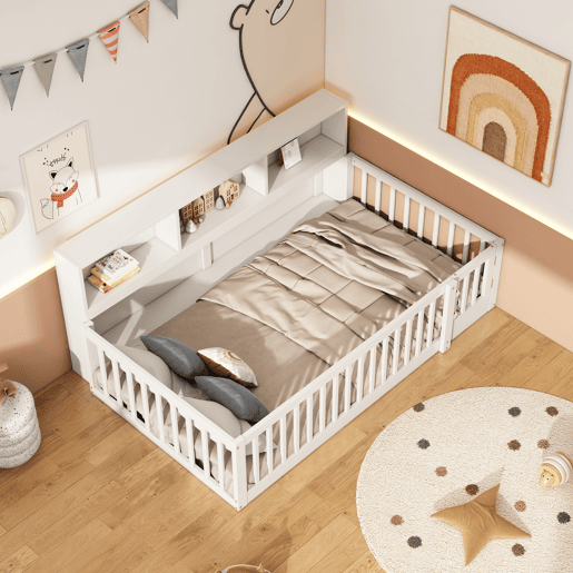 Cama de madeira 90x200 cm - com cabeceira com arrumação e mola de caixa - Branco