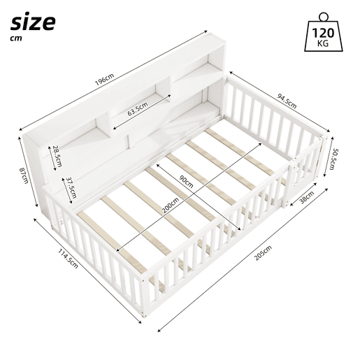 Cama de madeira 90x200 cm - com cabeceira com arrumação e mola de caixa - Branco