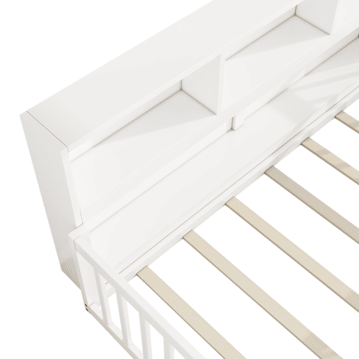 Cama de madeira 90x200 cm - com cabeceira com arrumação e mola de caixa - Branco