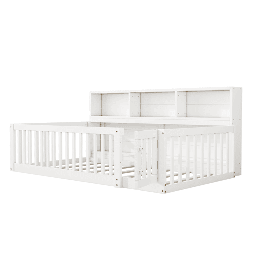 Cama de madeira 90x200 cm - com cabeceira com arrumação e mola de caixa - Branco