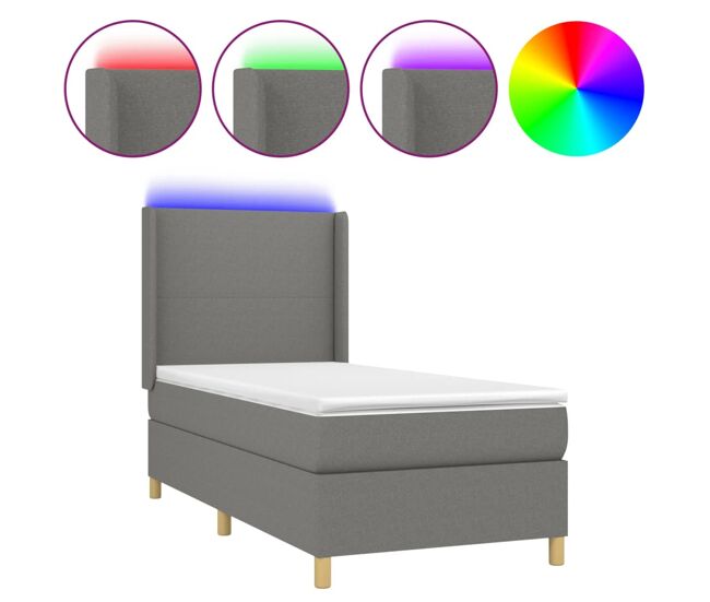 Cama box spring colchón y luces led tela gris oscuro 80x200 cm diseño plano