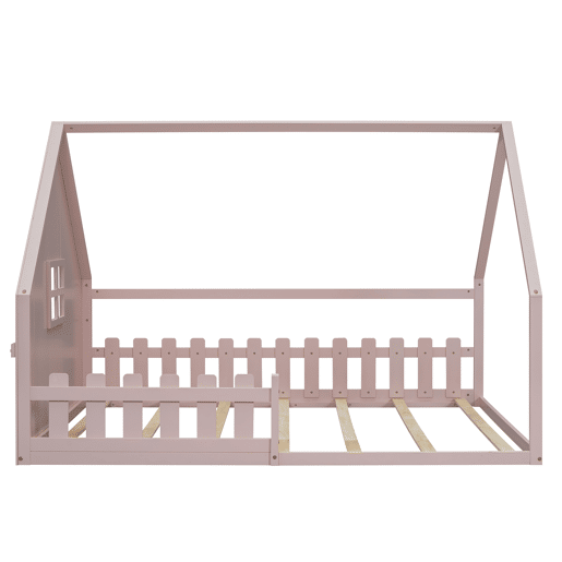 Cama de cabana para crianças 140x200 cm - Forma de cabana - Madeira de pinho e MDF - Rosa