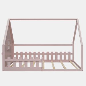 Cama de cabana para crianças 140x200 cm - Forma de cabana - Madeira de pinho e MDF - Rosa
