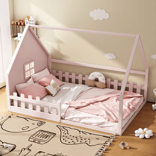 Cama de cabana para crianças 140x200 cm - Forma de cabana - Madeira de pinho e MDF - Rosa