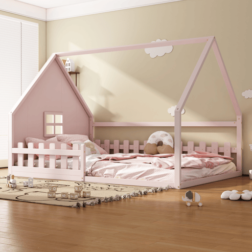 Cama de cabana para crianças 140x200 cm - Forma de cabana - Madeira de pinho e MDF - Rosa