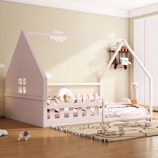 Cama de cabana para crianças 140x200 cm - Forma de cabana - Madeira de pinho e MDF - Rosa