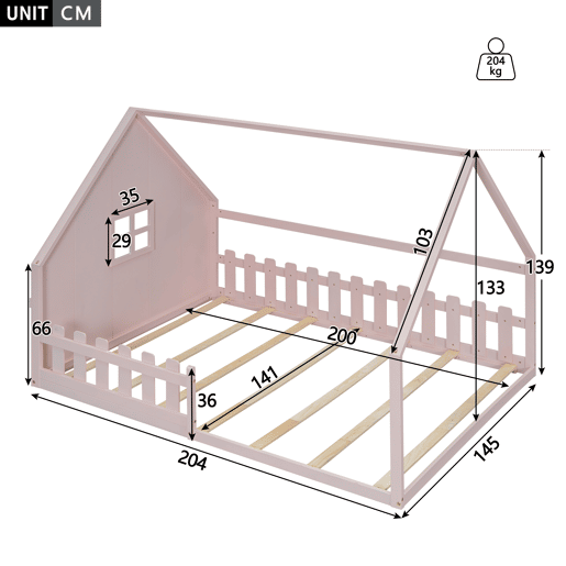 Cama de cabana para crianças 140x200 cm - Forma de cabana - Madeira de pinho e MDF - Rosa