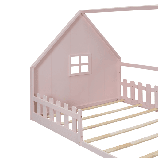 Cama de cabana para crianças 140x200 cm - Forma de cabana - Madeira de pinho e MDF - Rosa