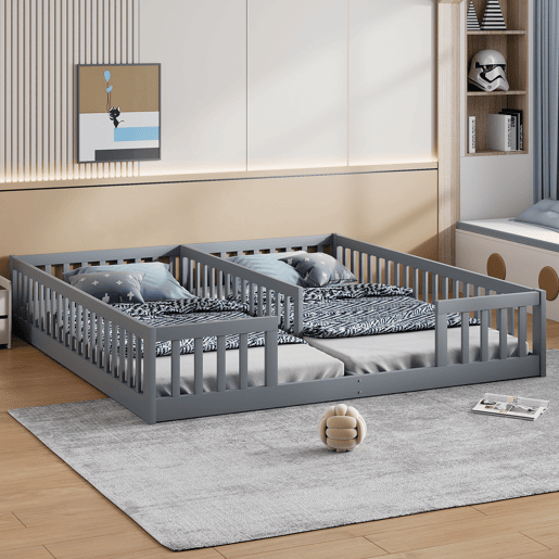 Cama de criança 2x90x200cm madeira maciça - com calhas - sem estrado - Cinzento