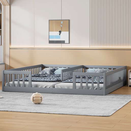 Cama de criança 2x90x200cm madeira maciça - com calhas - sem estrado - Cinzento