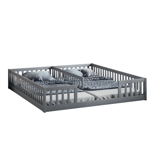 Cama de criança 2x90x200cm madeira maciça - com calhas - sem estrado - Cinzento