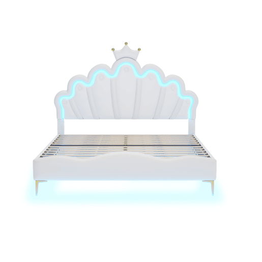 Cama de criança 140x200cm com LED - cama de princesa com almofada de pele sintética - Branco