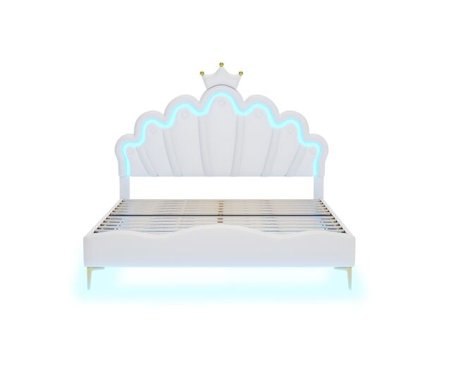 Cama infantil 140x200cm con led - cama princesa con cojín de piel sintética - blanco