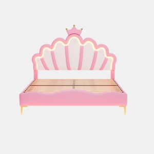 Cama de criança 140x200cm com LED - cama de princesa com almofada de pele sintética - Rosa