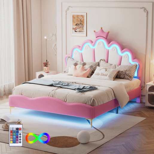 Cama de criança 140x200cm com LED - cama de princesa com almofada de pele sintética - Rosa
