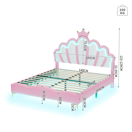 Cama de criança 140x200cm com LED - cama de princesa com almofada de pele sintética - Rosa