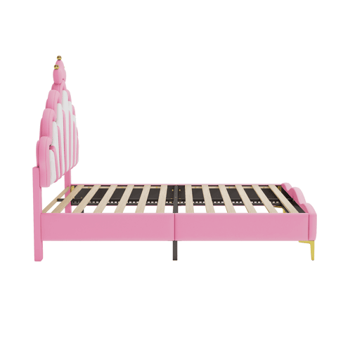 Cama de criança 140x200cm com LED - cama de princesa com almofada de pele sintética - Rosa