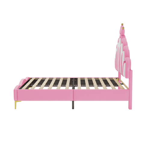 Cama de criança 140x200cm com LED - cama de princesa com almofada de pele sintética - Rosa